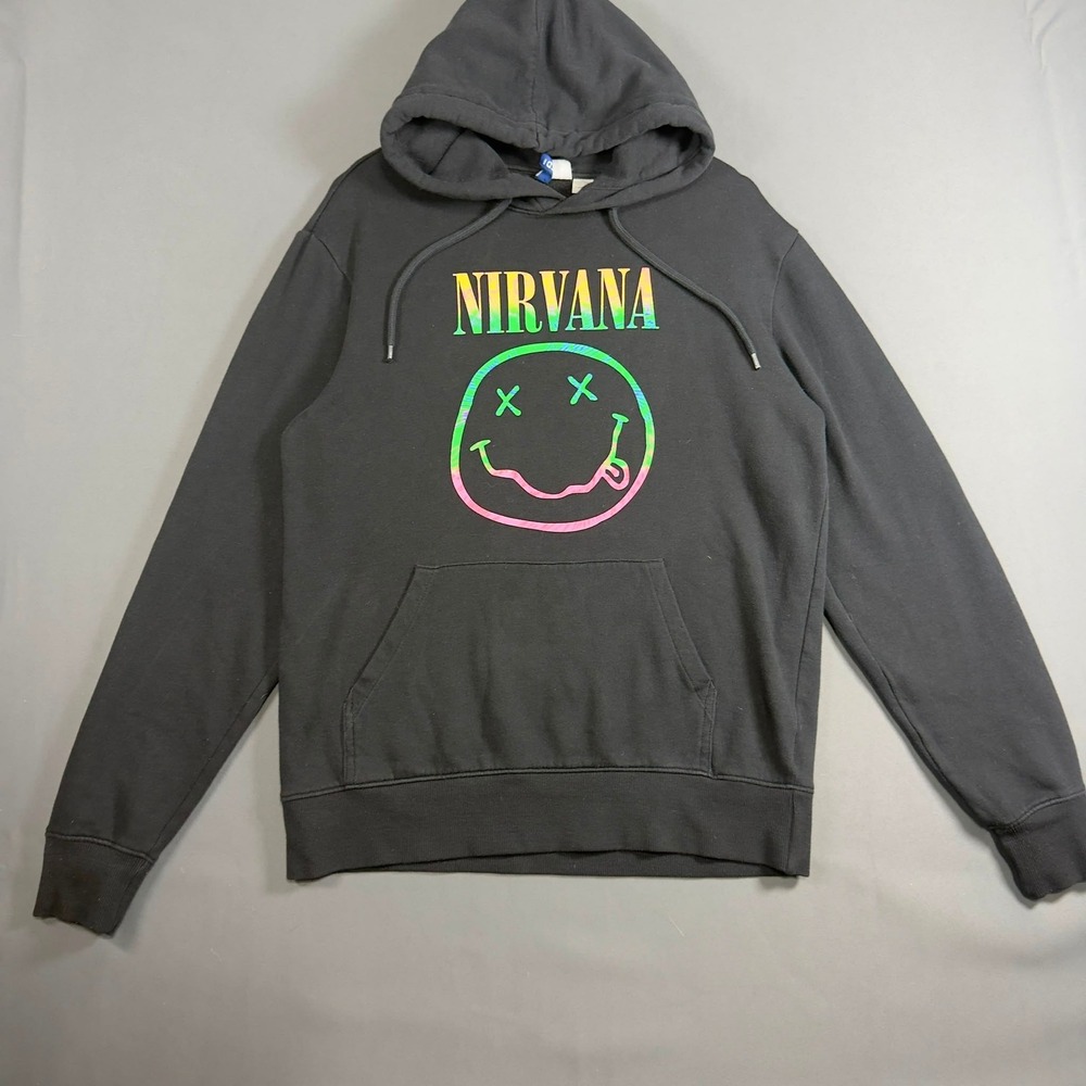 H&M Divided Nirvana Smiley Face Rainbow Graphic Hoodie Black Mens Medium 2020